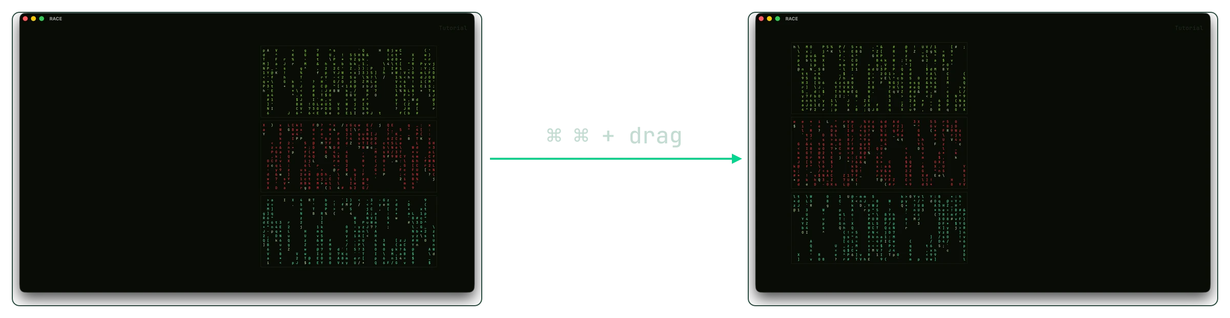 Three terminals on the right of the canvas, then the same three on the left after a double-Command drag