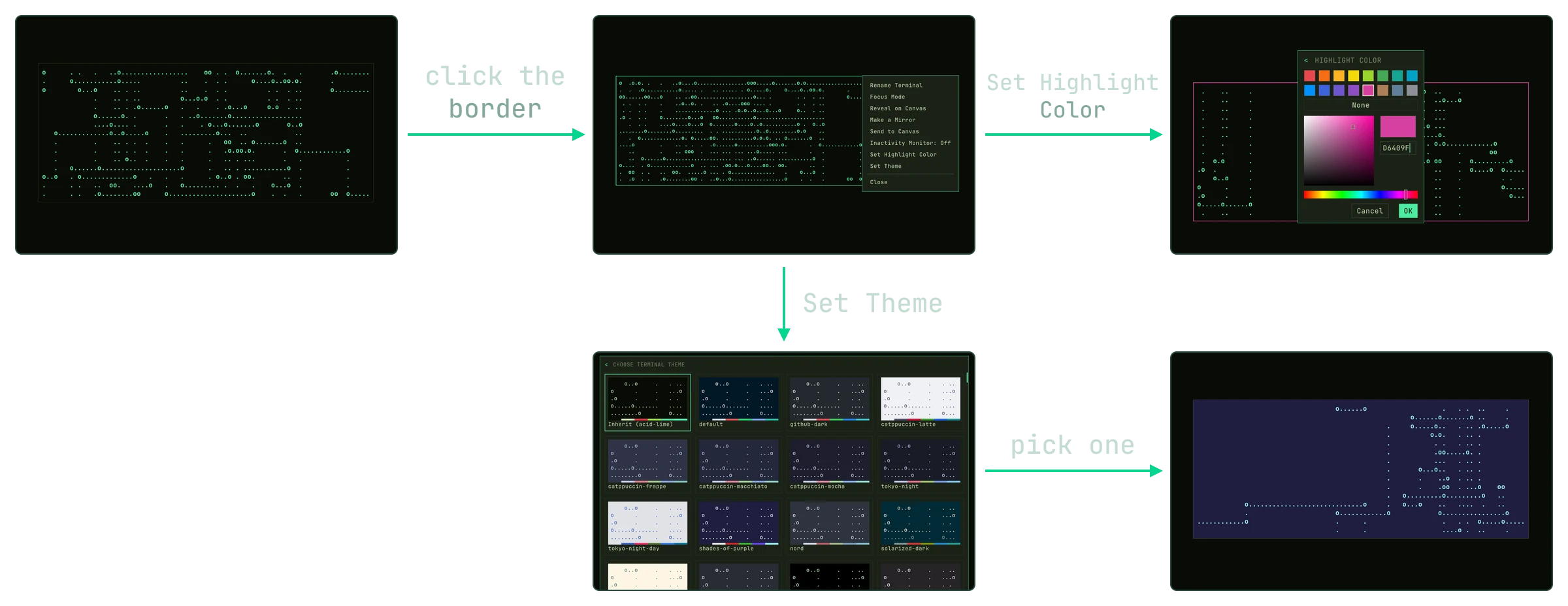 A terminal, its border menu, then the highlight color picker and the theme picker with a theme applied