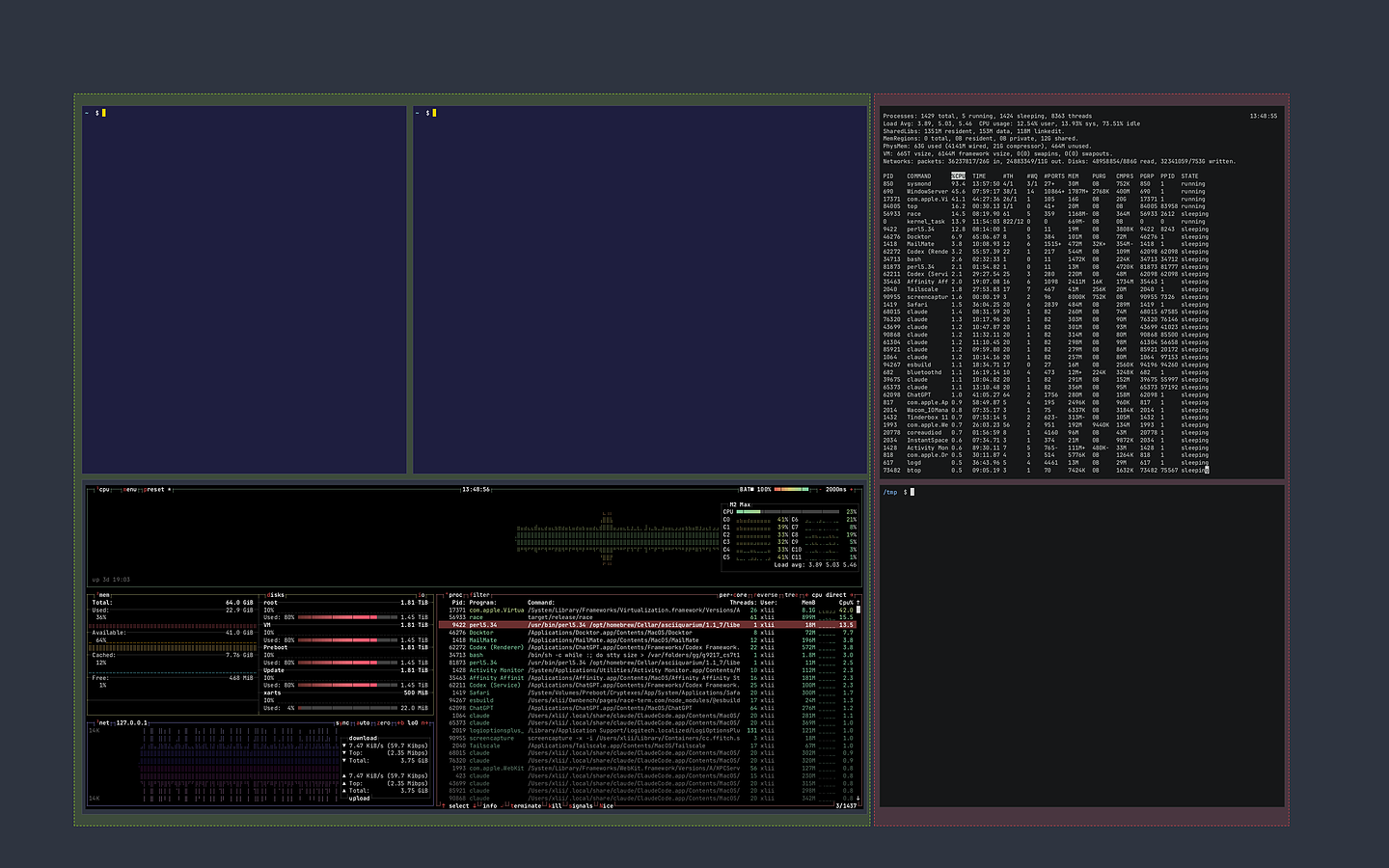 Two group frames holding system monitors and shells