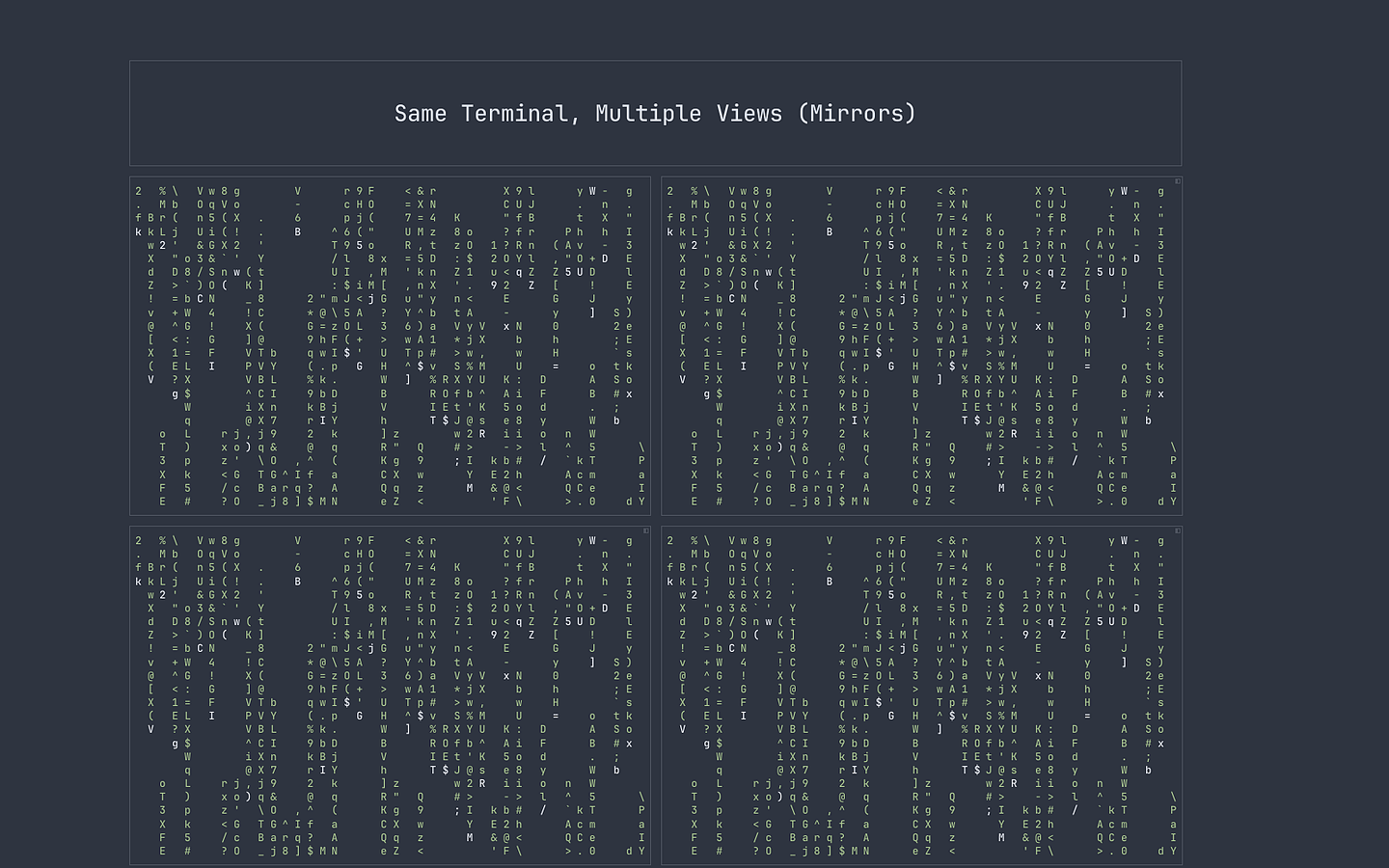 Four mirrors of the same terminal showing identical output
